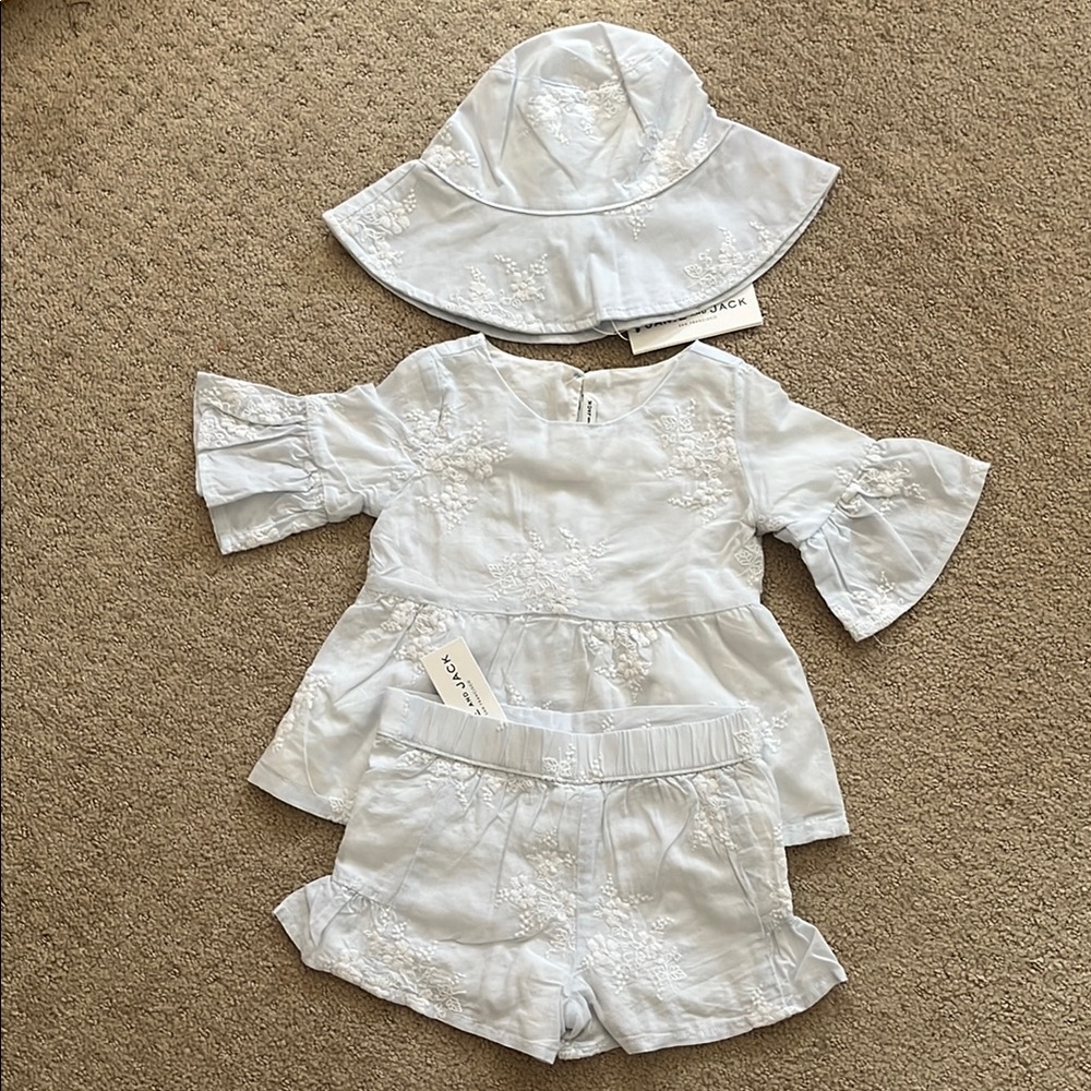 Janie & Jack Light Baby Blue Embroidered Baby Outfit with Hat girls size 2T NWT